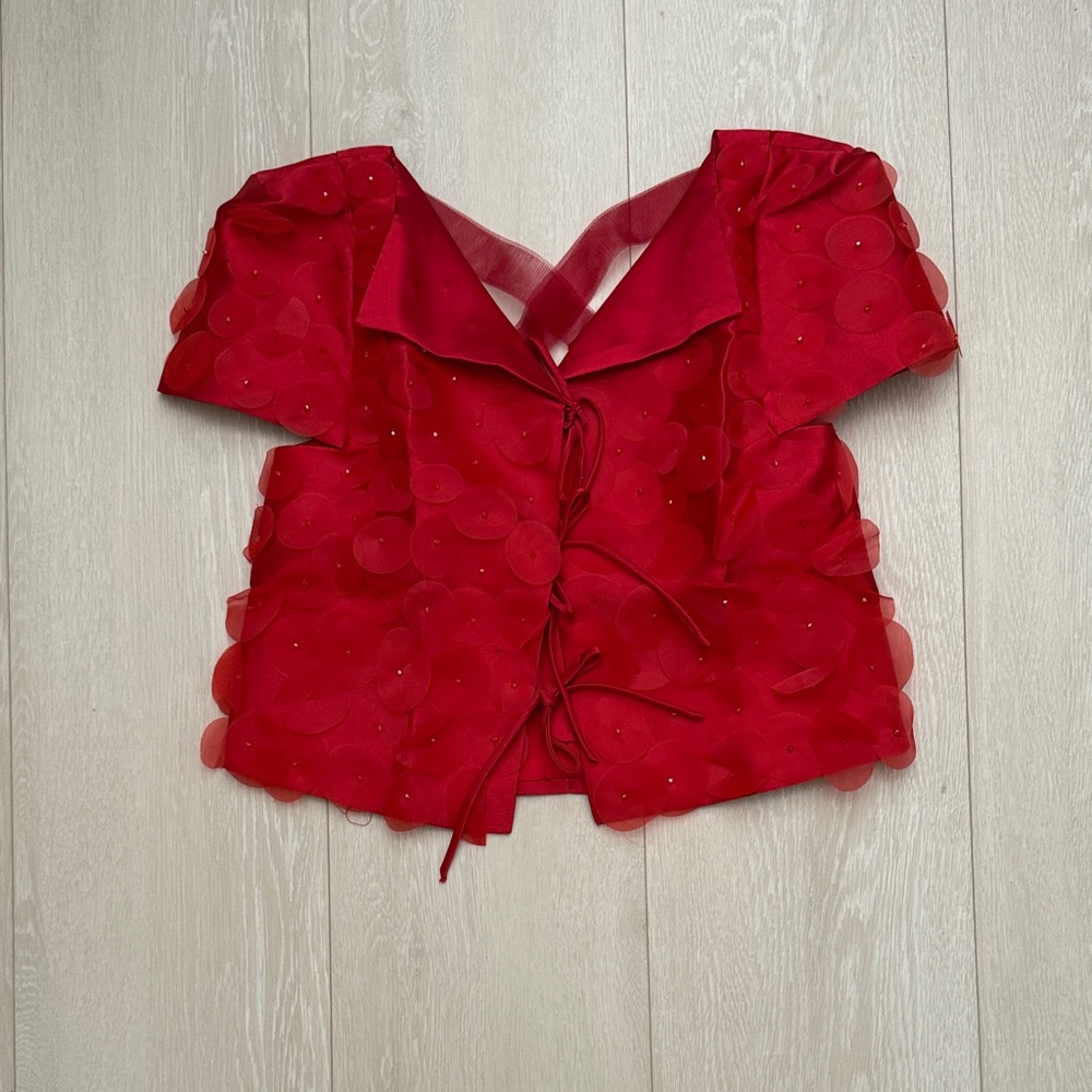 3/$10 Cocobee Red Lace-Up Collared Lace Accented Blouse